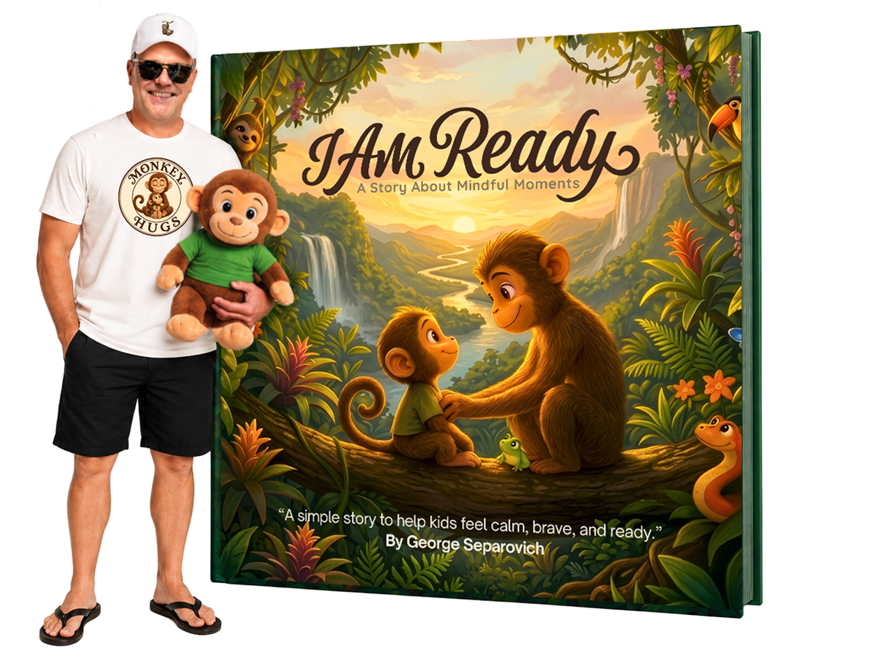 Author George Separovich standing beside the oversized cover of I Am Ready and holding the Niko plush monkey.