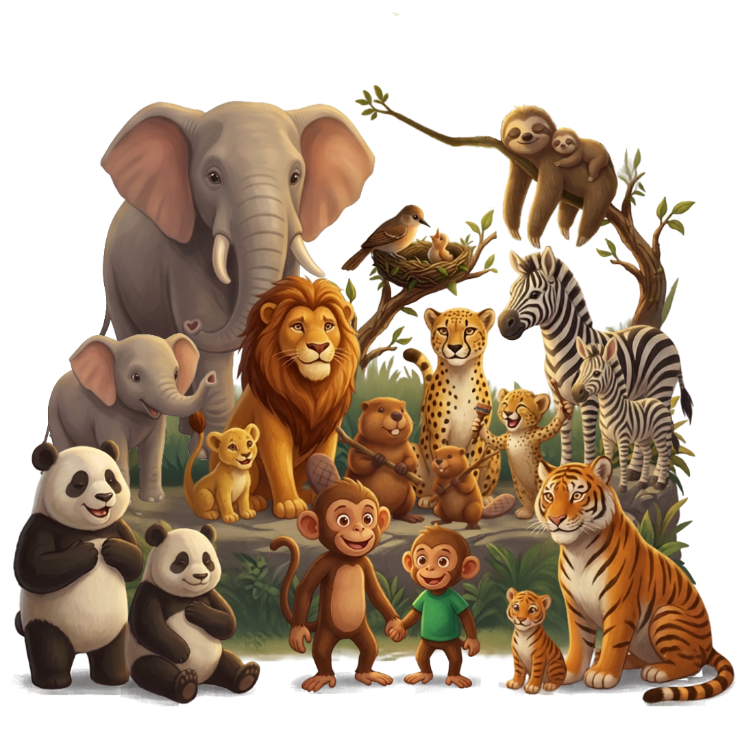 Niko, Max, and the animal families from I Am Ready gathered together in the jungle